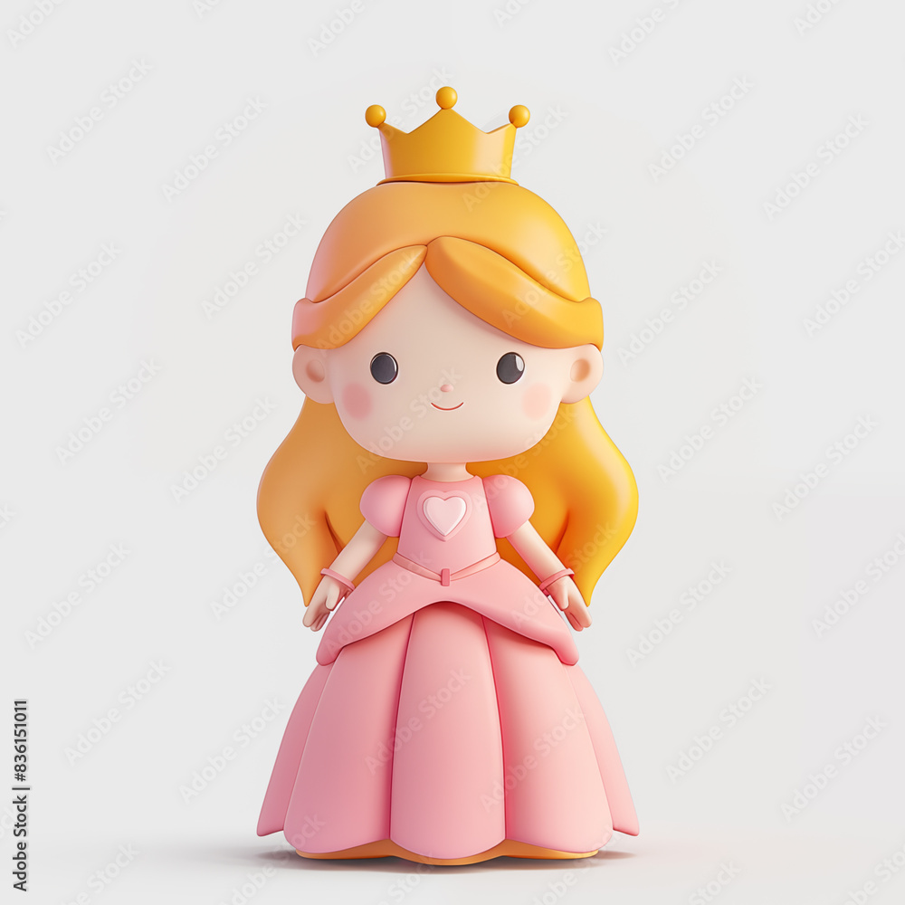 Cute funny princess in a long dress wearing a crown, isolated 3D render illustration on white background. Cute funny princess in a long dress wearing a crown, isolated 3D render illustration on white background.