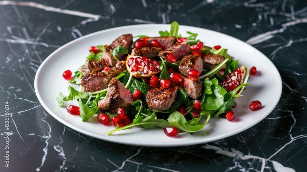 Chicken liver and pomegranate warm salad on a white plate against a dark marble background Chicken liver and pomegranate warm salad on a white plate against a dark marble background