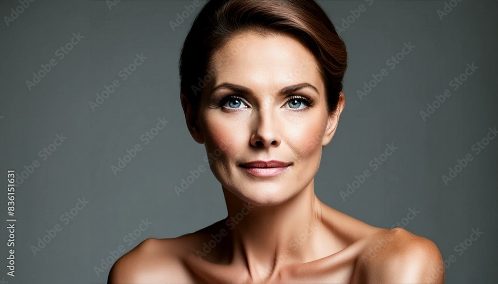 Radiant mature woman with anti-aging cosmetics and dermatology, happy and confident in front of gray studio background
Radiant mature woman with anti-aging cosmetics and dermatology, happy and confident in front of gray studio background