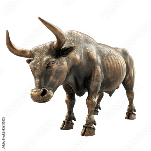 Bronze bull statue isolated on white background, representing strength and power in a dynamic pose.