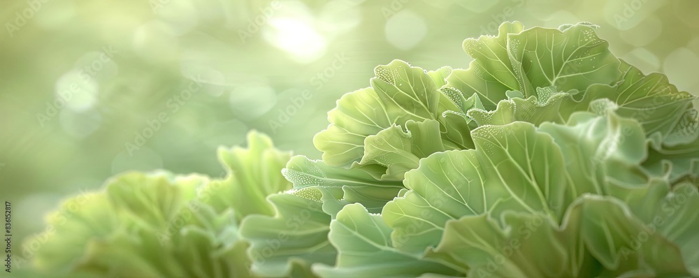 Close-up of lush green lettuce leaves basking in soft sunlight, offering a serene and fresh natural scene perfect for backgrounds or prints. Close-up of lush green lettuce leaves basking in soft sunlight, offering a serene and fresh natural scene perfect for backgrounds or prints.