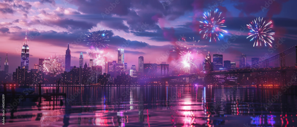 Obraz premium A city skyline with fireworks in the background
