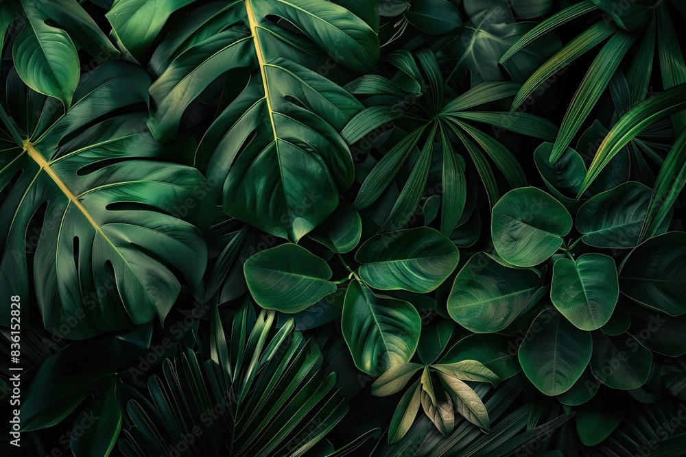 Fototapeta premium A lush collection of various green tropical leaves creating a dense, vibrant jungle texture for natural, botanical, or tropical design projects.