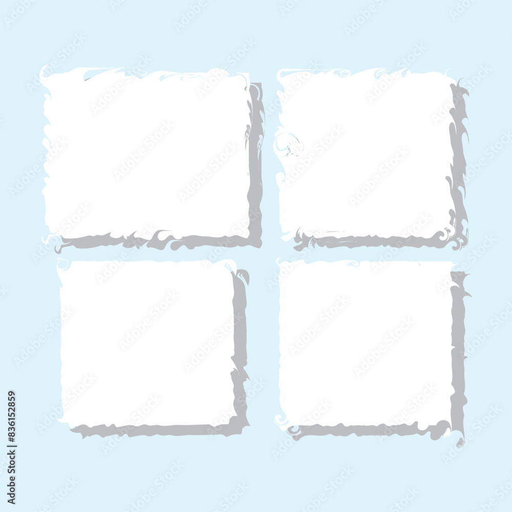 Torn paper frames with rough edges vector set. Black square shapes with ripped jagged borders on white background. Vintage grunge boxes for collage, text, banner, sticker design. Retro photo objects Torn paper frames with rough edges vector set. Black square shapes with ripped jagged borders on white background. Vintage grunge boxes for collage, text, banner, sticker design. Retro photo objects