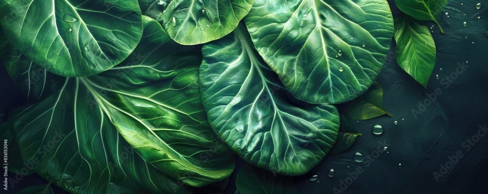 Close-up of vibrant green leaves with droplets of water, showcasing nature's beauty and detail in a refreshing and calming scene. Close-up of vibrant green leaves with droplets of water, showcasing nature's beauty and detail in a refreshing and calming scene.