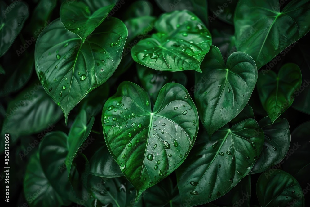 Fototapeta premium Close-up of lush green leaves covered in water droplets, showcasing nature's delicate beauty after the rain.
