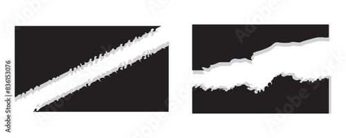 Collection of torn paper pieces. Black square frames with Irregular edges.Set of silhouettes of ripped rectangular shapes. Piece of grunge collage stickers.