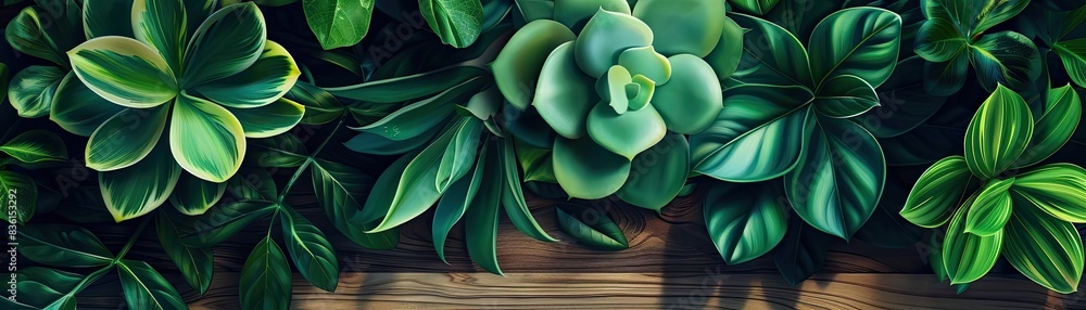 Obraz premium A vibrant close-up of lush green succulent plants arranged on a wooden surface, showcasing their rich textures and natural beauty.