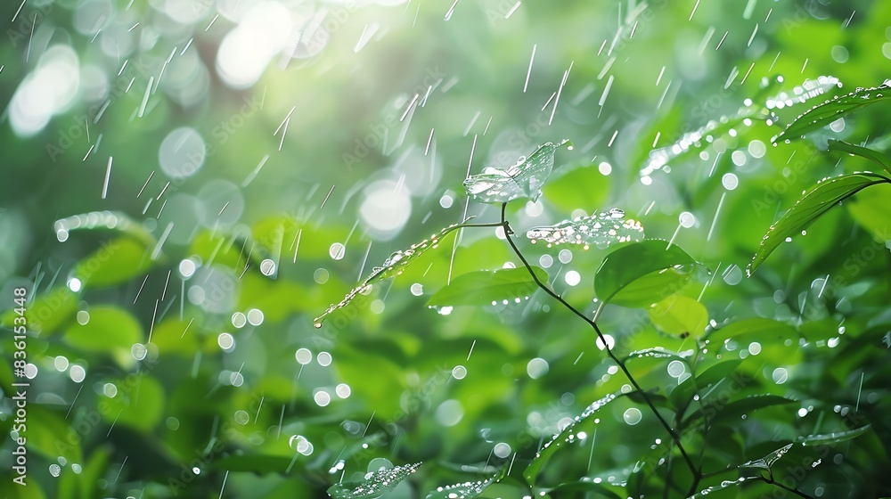 Dew-covered leaves and wet shoots in a lush forest environment. Dew-covered leaves and wet shoots in a lush forest environment.