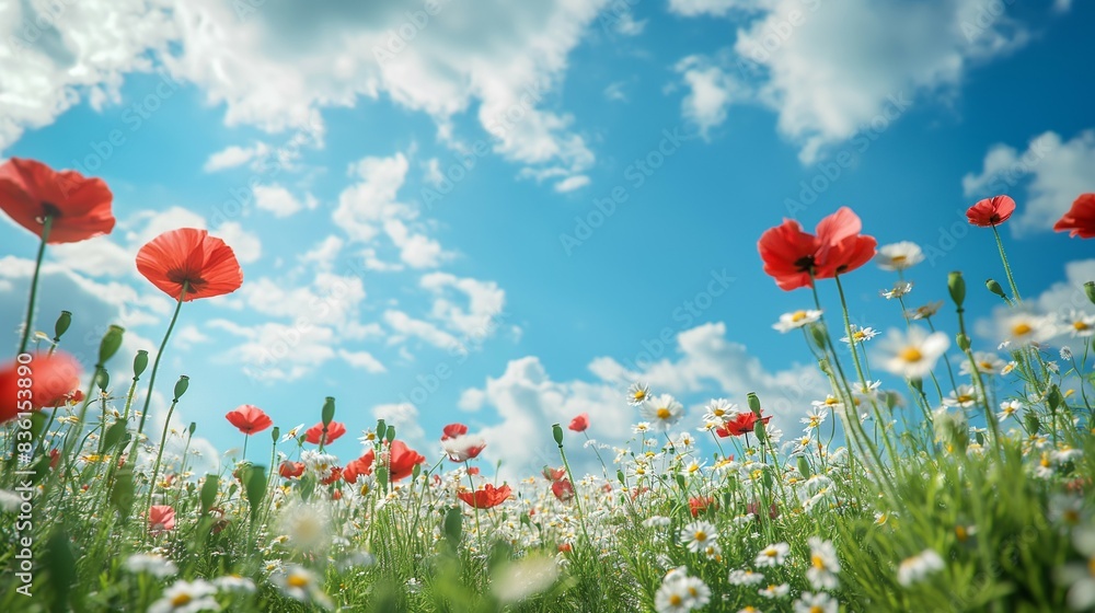 Beautiful wild flower field meadow, clouds and blue sky background Beautiful wild flower field meadow, clouds and blue sky background