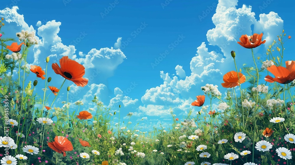 Beautiful wild flower field meadow, clouds and blue sky background Beautiful wild flower field meadow, clouds and blue sky background