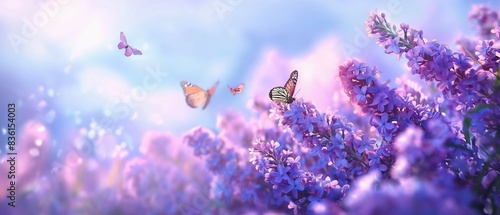 Herb lavender flower field meadow, butterflies, clouds and blue sky background