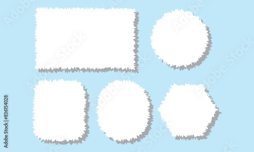 Torn and rip edge paper shape. Rough jagged rectangle frame for collage with cut border. Tear banner sheet and text box. Blank circle vintage piece set for craft. Tattered ragged sticker template