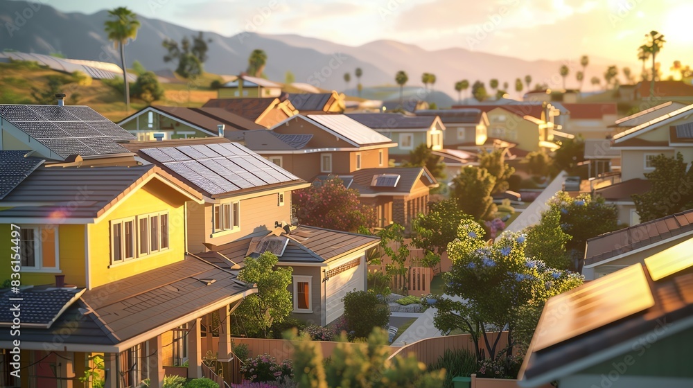 Aerial view of a suburban neighborhood with solar panels on rooftops at sunset. Aerial view of a suburban neighborhood with solar panels on rooftops at sunset.