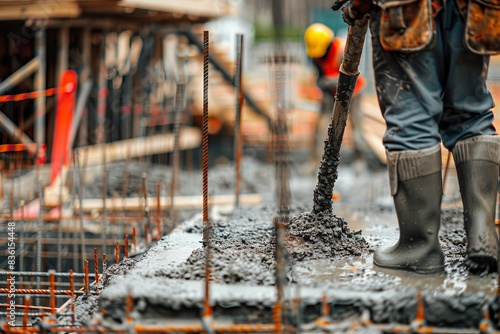 Construction worker overseeing the pouring of concrete with a pump on a construction site