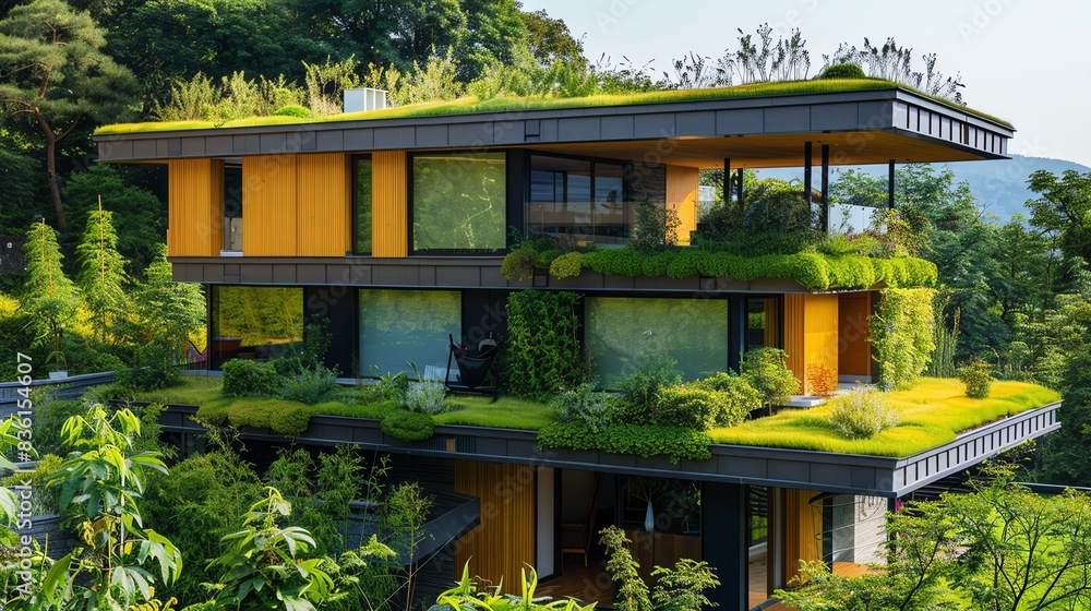 Modern sustainable home with green roof and lush foliage Modern sustainable home with green roof and lush foliage