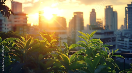 Golden sunset over cityscape with green leaves in foreground. © nuttapong