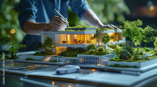 Architect designing sustainable modern house model with green roof.