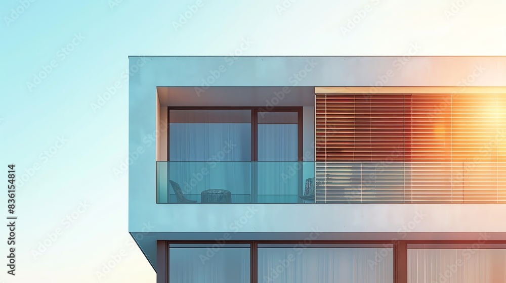 Modern apartment building with balcony and glass railing against a blue sky. Modern apartment building with balcony and glass railing against a blue sky.