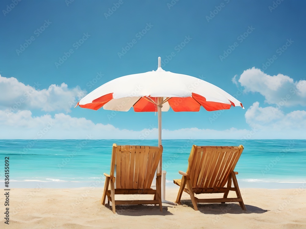 Fototapeta premium 2 sunbeds and parasols at a sand beach