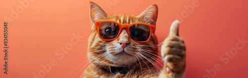 Thumbs Up Feline: Funny Cat Pet with Sunglasses on Peach Fuzz Background