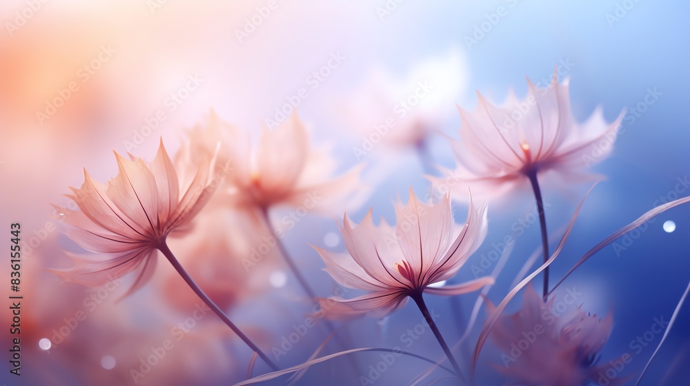 Soft, delicate pink flowers in a dreamy, pastel blue and pink background.