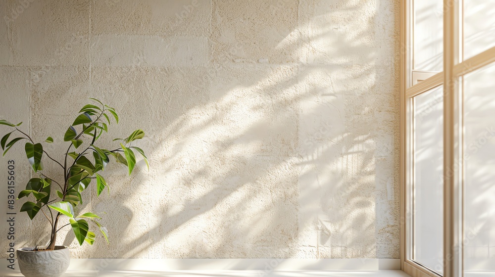 Sunlight streams through a window, casting shadows on a textured wall with a potted plant. Sunlight streams through a window, casting shadows on a textured wall with a potted plant.