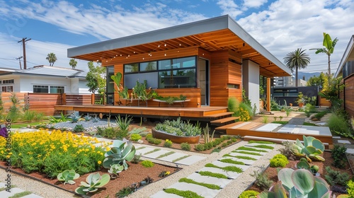 Ecofriendly home design with sustainable landscaping, focus on droughttolerant plants, reduced water usage, vibrant, composite, urban sustainable garden backdrop