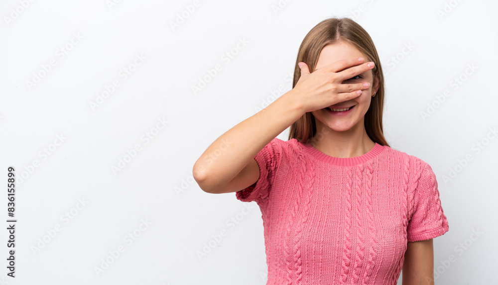 Young Russian woman isolated on white background covering eyes by hands and smiling Young Russian woman isolated on white background covering eyes by hands and smiling