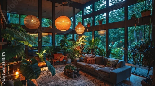Cozy living room with large windows, plants, and pendant lights.