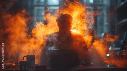 A man sits at his desk, surrounded by fire. He is wearing a protective suit. photo