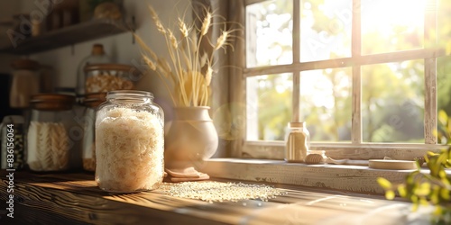 Warm sunlight on a rustic kitchen counter with a vase of wheat and a jar of grain