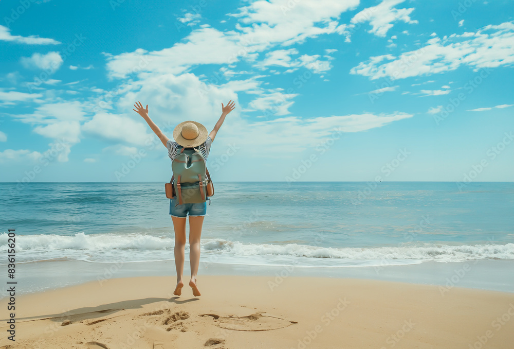Back view of happy excited woman raising arms up to sky traveler enjoying summer at the beach Travel, mental health, success, business, tourism and life style concept Back view of happy excited woman raising arms up to sky traveler enjoying summer at the beach Travel, mental health, success, business, tourism and life style concept