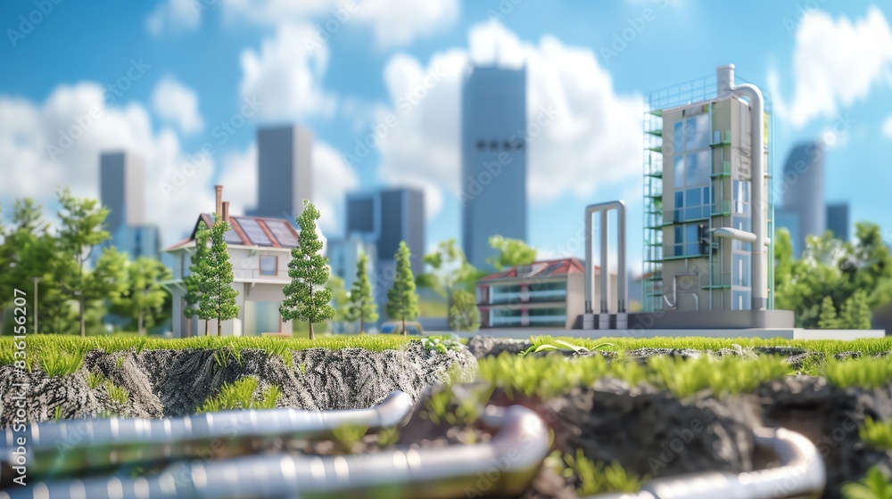 Fototapeta premium Industrial cityscape with green energy plants and city skyline