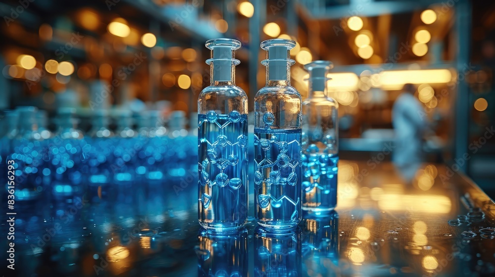Chemistry lab with beakers of blue liquid and a molecular structure model. Chemistry lab with beakers of blue liquid and a molecular structure model.