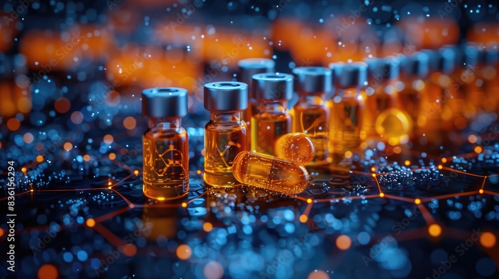 Vaccines and pills on a table. The background is a blur of orange and blue lights. Vaccines and pills on a table. The background is a blur of orange and blue lights.