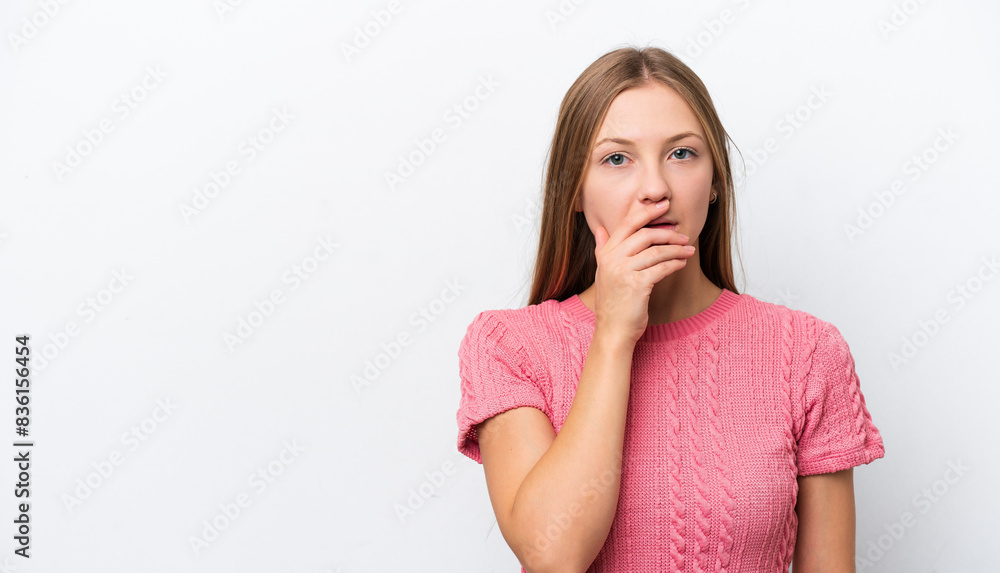 Young Russian woman isolated on white background surprised and shocked while looking right Young Russian woman isolated on white background surprised and shocked while looking right