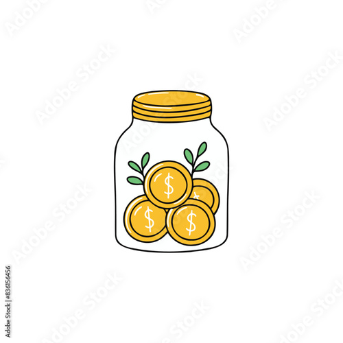 Illustration of collective coins stored in a glass bottle