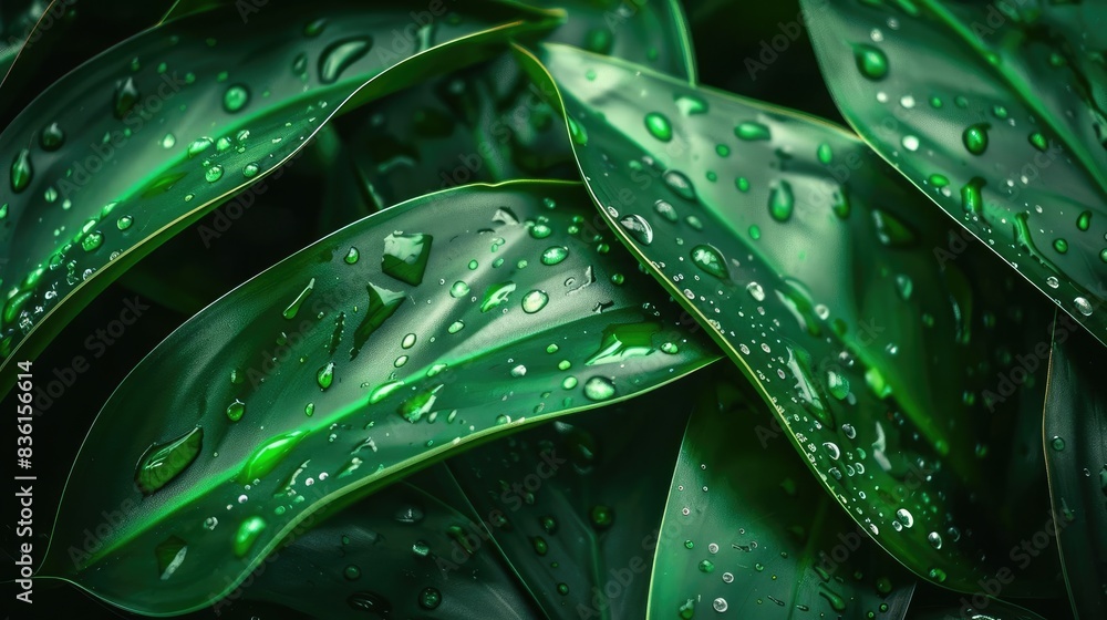 Macro shot of lush green leaves with water droplets, radiating freshness and tranquility in nature's serene embrace. Macro shot of lush green leaves with water droplets, radiating freshness and tranquility in nature's serene embrace.