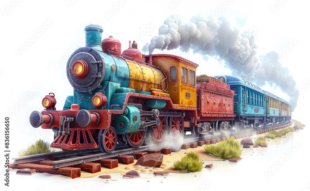 Obraz premium An illustration painting of a blue train is running on the railway through the desert.