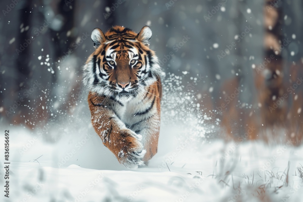 Obraz premium Amur tiger running in snowy taiga, russia. Action wildlife scene with danger animal