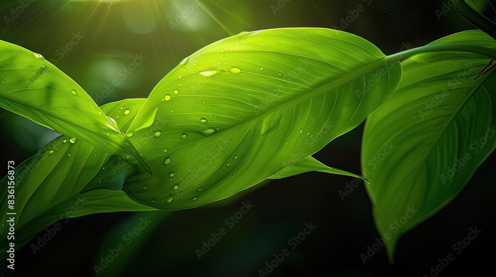 Obraz premium Close-up of vibrant green leaves with water droplets illuminated by sunlight, capturing the beauty and freshness of nature in high detail.