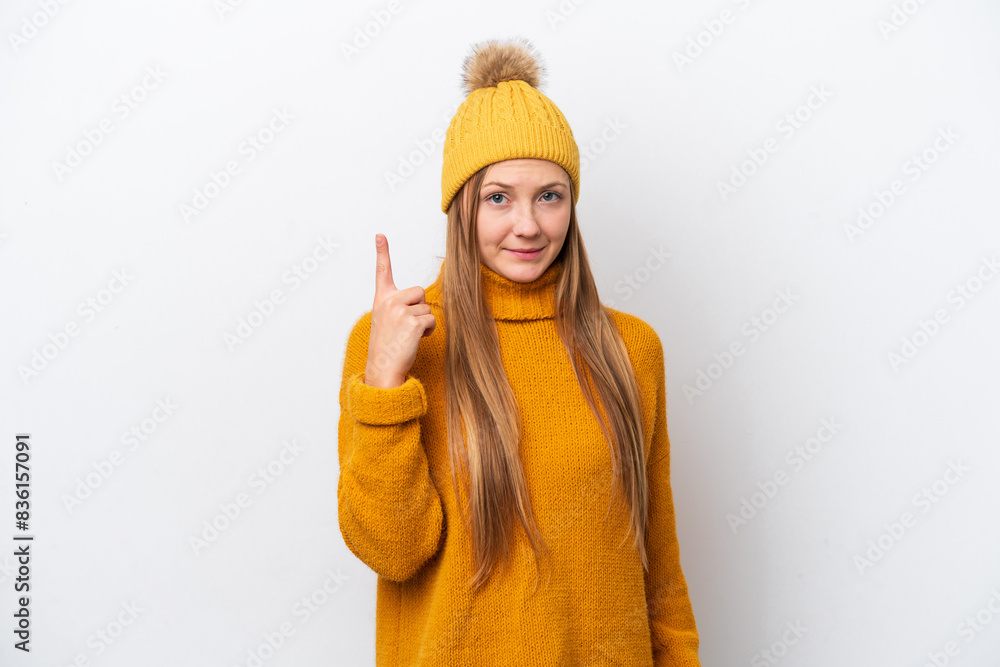 Young caucasian woman wearing winter jacket isolated on white background pointing with the index finger a great idea Young caucasian woman wearing winter jacket isolated on white background pointing with the index finger a great idea