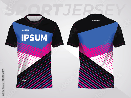 blue pink on dark background for sports jersey pattern. abstract color texture shirt front and back view mockup.