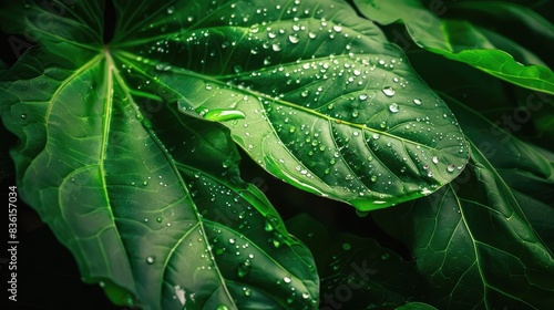 Close-up of lush green leaves covered with fresh raindrops, showcasing the vibrant natural texture and intricate details of foliage.