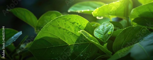 Close-up of green leaves in sunlight with water droplets, showcasing nature's freshness and vibrant greenery in a natural setting.