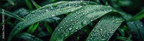 Close-up of green leaves with water droplets, capturing the freshness of nature in a detailed and vibrant photograph perfect for natural-themed projects.