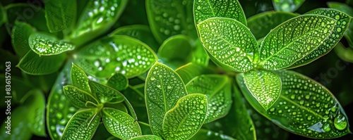 Close-up shot of lush green leaves with water droplets, showcasing the beauty of nature and fresh, vibrant foliage.
