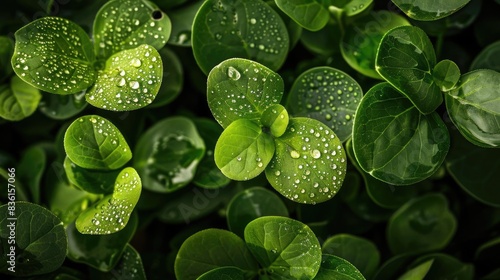 Close-up of vibrant green leaves covered in fresh morning dew, reflecting natural beauty and freshness in a serene environment.