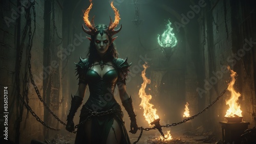 a woman wearing a horned head and chains is shown with fire